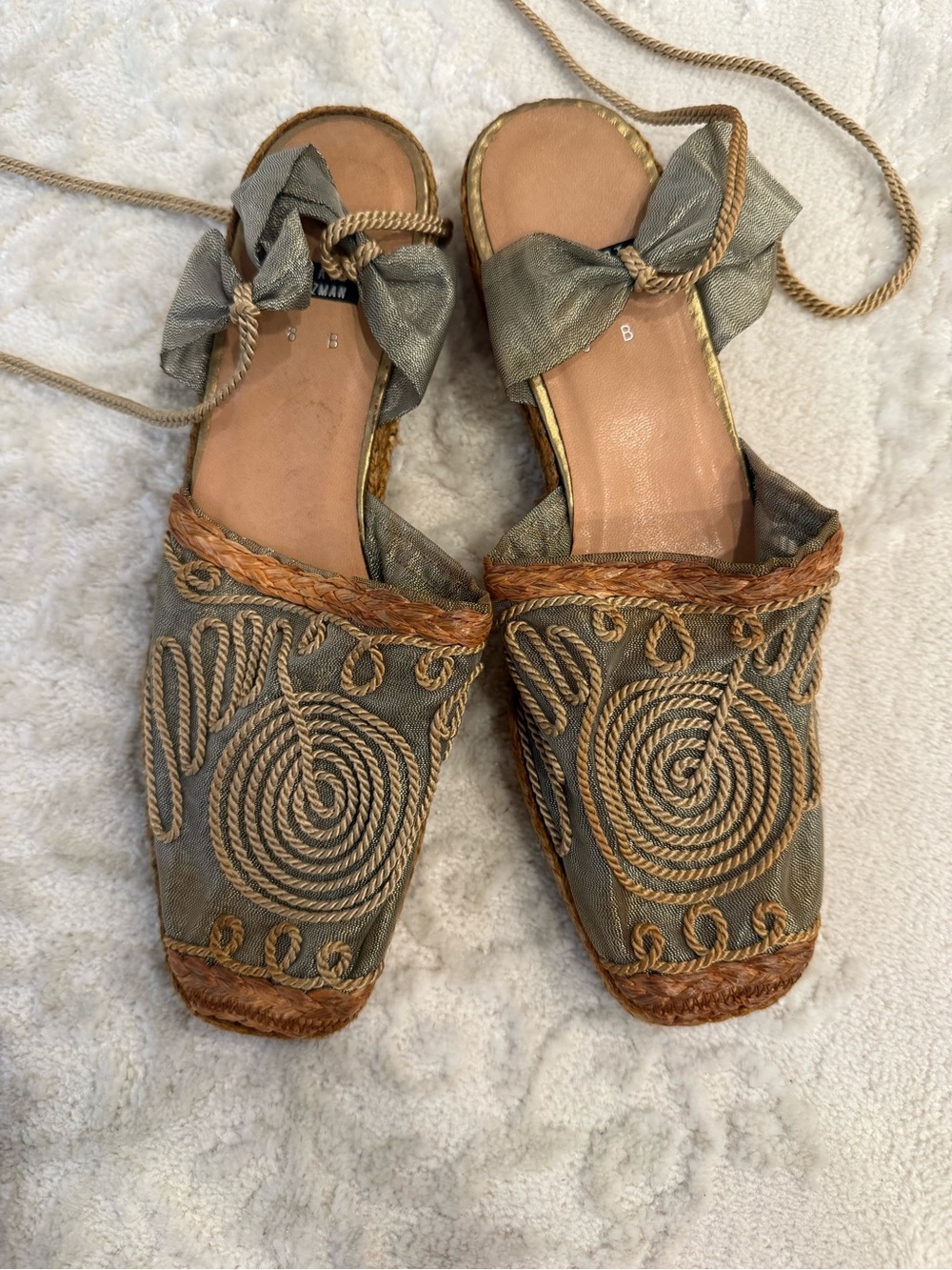 Stuart Weitzman 90s Vintage Gray & Tan Embroidered Rope Mules